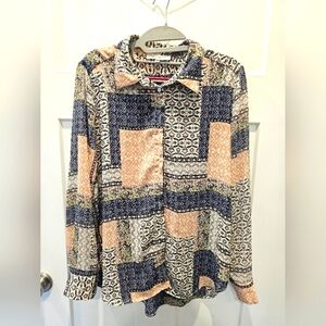 Rose + Olive Boho Patchwork Print Button Down Blouse M Long Sleeve